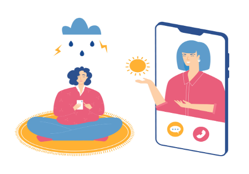 An illustration of a woman with clouds over her head, talking with a therapist on the phone, representing Telehealth Counseling in Washington IL