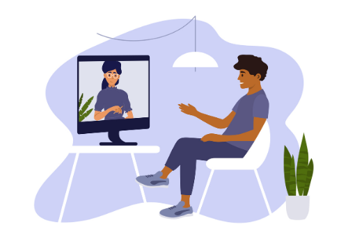 An illustration of a man talking with their counselor online during Peoria Telehealth Therapy