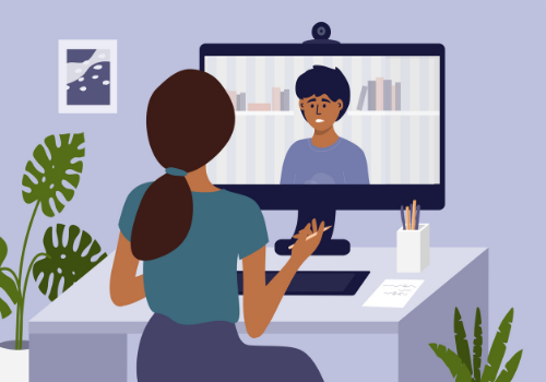 Illustration of woman talking to therapist via video chat during Peoria Telehealth Counseling