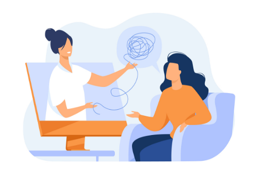 An illustration of a counselor unraveling a woman's thoughts during General Counseling Services in Peoria IL