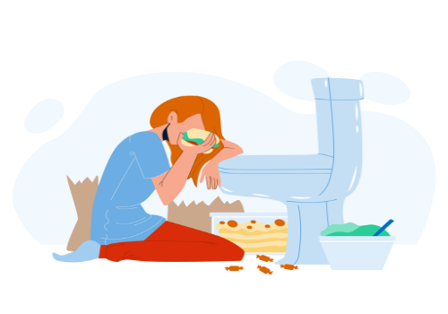 A woman binge eating in front of a toilet, habits associated with bulimia