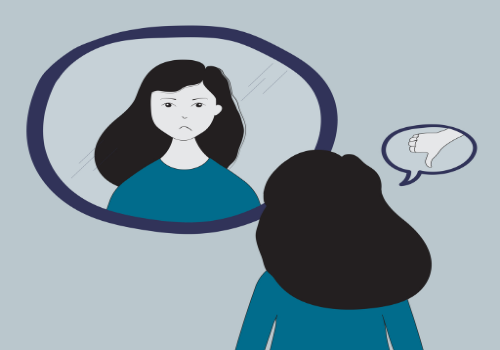 A woman in Peoria IL looking in a mirror and worrying about her Self-Esteem and Body Image