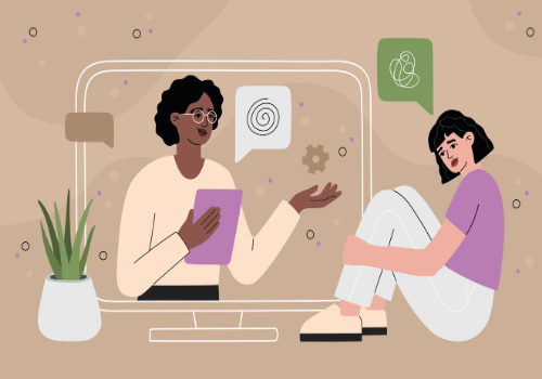 An illustration of a woman counselor on a screen for Telehealth Therapy in East Peoria IL