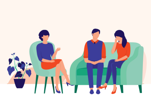 Couple on couch talking with therapist during Relationship Counseling in Peoria IL