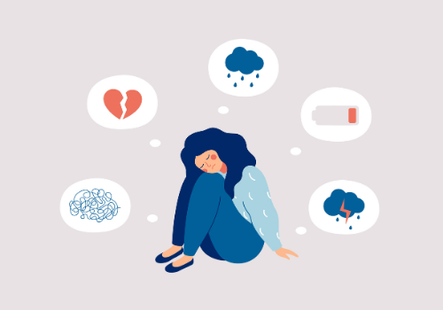 An illustration of a woman with numerous problems with her mental health, needing General Counseling in Washington IL