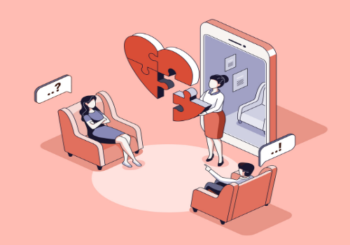 An illustration of two couples arguing while a counselor helps mend their relationship during Relationship Counseling in Washington IL
