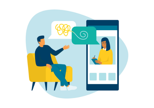 Illustration of man talking to counselor on telephone, representing Telehealth Counseling Near You