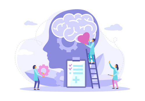 An illustration of a man placing a heart on a brain, representing a Psychotherapist in Peoria IL