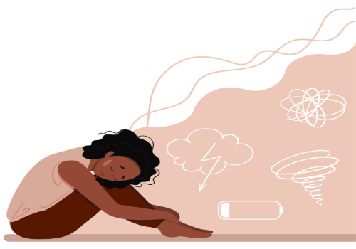 Illustration of a woman who looks sad and tired, and who is experiencing Caregiver Burnout & Compassion Fatigue in Peoria IL