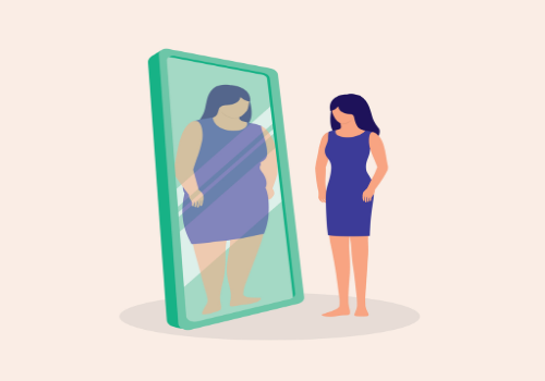 An illustration of a skinny woman looking in a mirror and seeing a large woman in the reflection