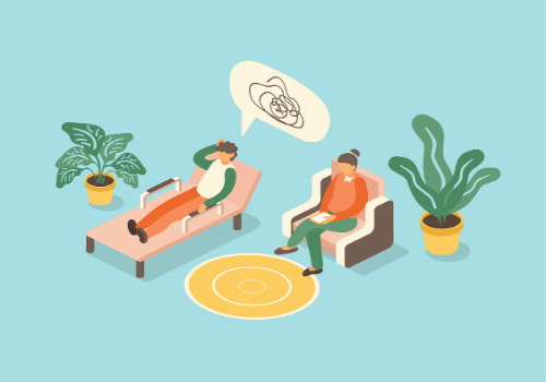 An illustration of a man on a couch talking to a therapist, representing General Counseling Services in East Peoria IL