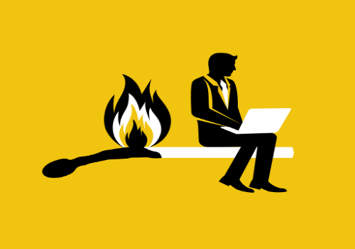 An illustration of a man sitting on a match that's burning, representing burnout