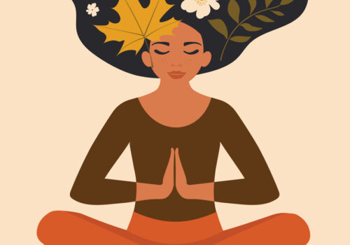 An illustration of a woman with flowers in her hair, meditating and practicing mindfulness